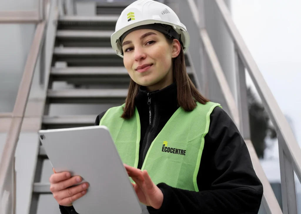 Préposée d’écocentre avec une tablette